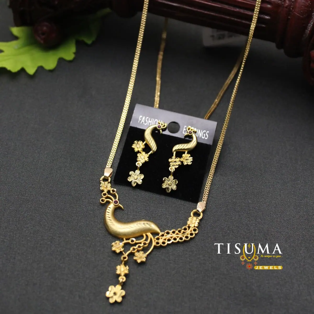 Traditional Matte Gold Plated Graceful Swan Motif Centerpiece Short Necklace with Cascading Floral Drops and Matching Earrings for Women